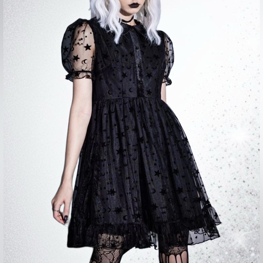 Gothic Fairy Whimsical Mesh Velvet Star Collar Dress 💫 - Picture 2 of 3